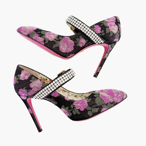 Gucci Sylvie Crystal Mary Jane Pump EU 36.5 US 6.5 Purple Floral High Heel - Picture 9 of 14